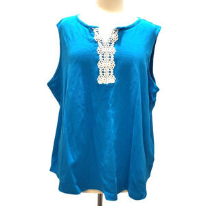 KIM ROGERS Womens 3X Teal Sleeveless Pullover Top White Crochet Trim Cotton
